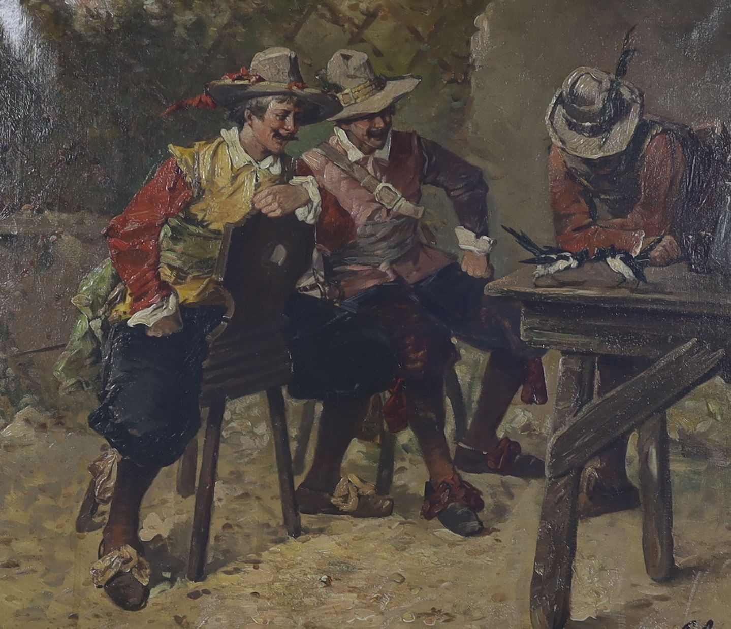 George Appert (1850-1934), pair of oils on canvas, Tavern interiors with cavaliers and magpies, indistinctly signed, 52 x 63cm